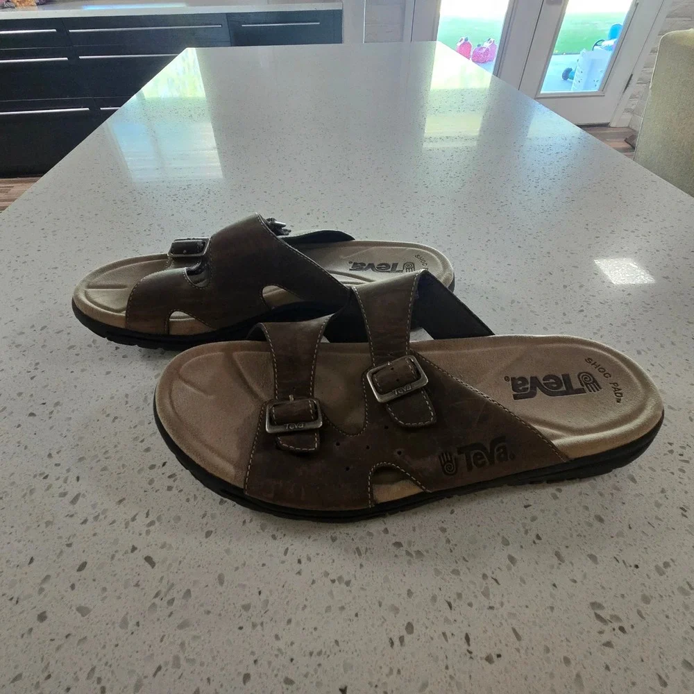 Teva Mens Sandals 14 Lodo Brown Leather Double Buckle Slide 6545 Shoc Pad